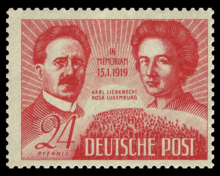 Karl Liebknecht and Rosa Luxemburg on a 1949 Stamp issued by the German Democratic Republic